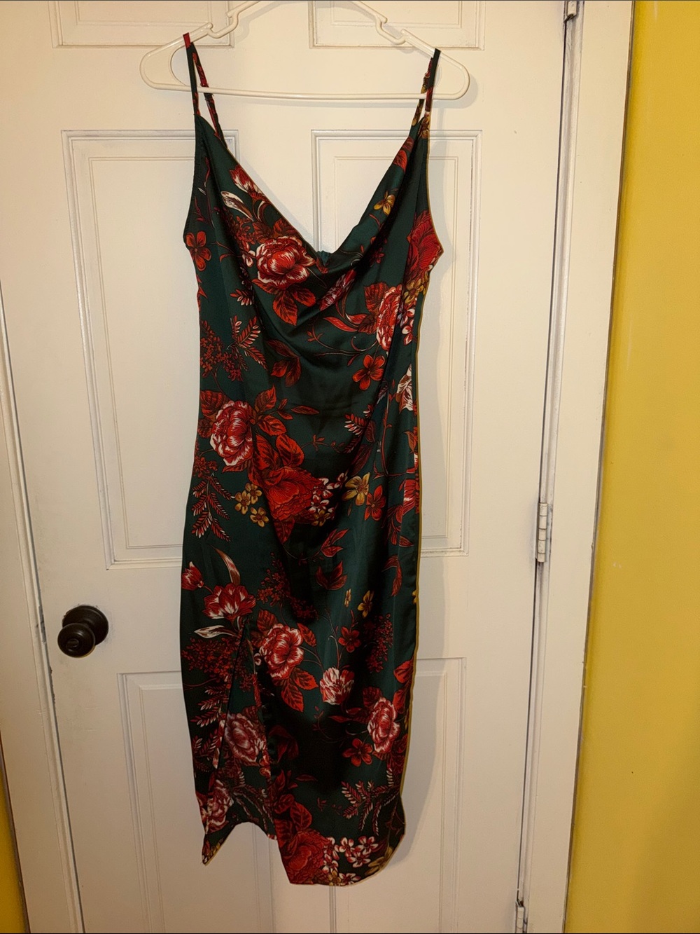 Floral Cowl Neck Slip Dress - Green with Red Floral